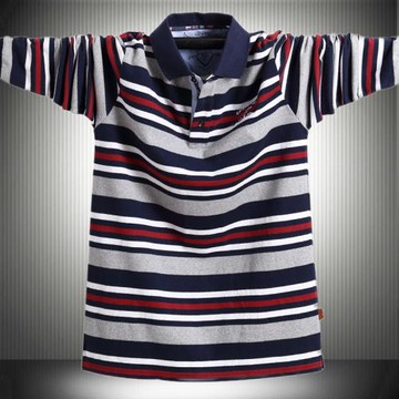 秋裝條紋長袖T恤中年收口袖加大碼肥佬保羅衫胖爸爸質感寬松上衣