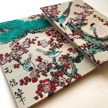 『梅與鶯〜元信筆』 狩野元信御朱印帳 美術名畫御朱印帳 B6 大判尺寸 額繪織物 梅 鶯 鳥 花鳥圖 日本畫 桐生織物