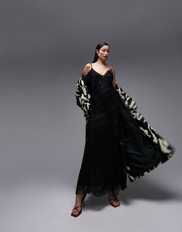 Topshop one sleeve lace embellished maxi dress in black