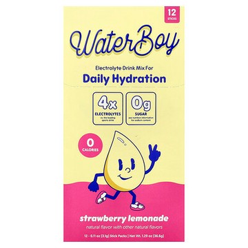 Waterboy, 每日補水，電解質混合飲品，草莓檸檬水，12 條，每條 0.11 盎司（3.1 克）