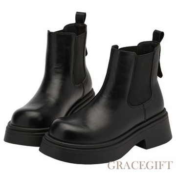 【Grace Gift】都會質感圓頭輕量厚底切爾西靴 黑