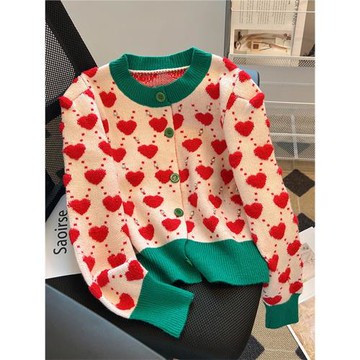 清倉撿漏~春秋重工訂珠愛心提花泡泡袖毛衣女針織開衫設計感上衣