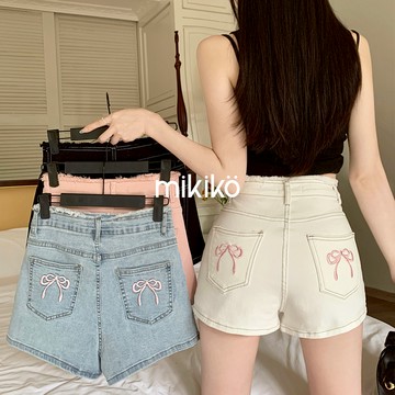 台灣出貨｜S-XL 蝴蝶結刺繡毛邊牛仔短褲【B10240】AY韓國流行 蝴蝶結短褲 不修邊 彈力短褲 熱褲 牛仔短褲