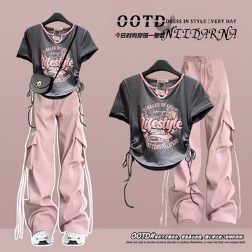 初高中生少女夏裝學院風洋氣大童套裝短袖T恤V領設計感短款上衣