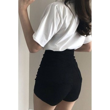 牛仔短褲 短褲 女生短褲 直通短褲 闊腿短褲 黑色牛仔短褲女春夏新款彈力高腰顯瘦直筒網紅包臀加絨熱褲潮