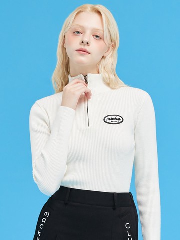 Half-neck patch zip-up knit white