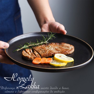 Homely Zakka 北歐輕奢風金邊黑色磨砂陶瓷餐具/牛排盤/西餐盤_大圓平盤25cm