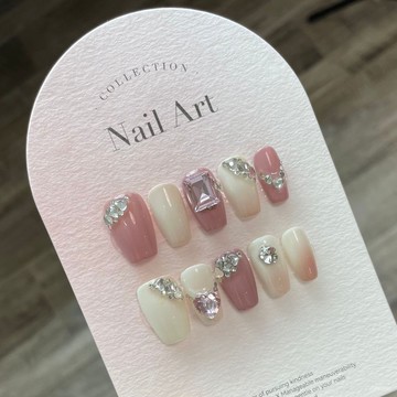 💟加一手工甲💅🏻【原創實拍】純手工穿戴甲新款輕奢粉鑽豆沙長款美甲成品顯白純手工穿戴甲 MLIU