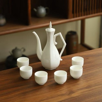 德化陶瓷【整套酒具7件套】六方壺/羊脂玉瓷/純白亮白/酒具套裝