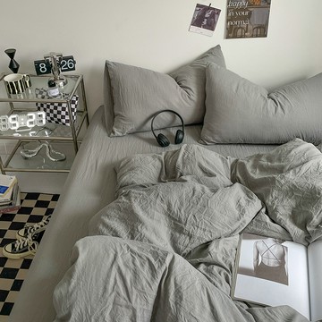 【台灣發貨】ins超柔褶皺純色水洗棉四件套簡約親膚棉宿捨A類母嬰超軟可裸睡水洗加厚床單被罩四件套學生宿捨三件套床笠式