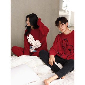 貝妍小兔子冬季珊瑚絨情侶睡衣女保暖半邊絨紅色婚慶男家居服套裝