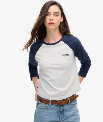 Superdry Women's Ladies Slim Fit Colour Block Essential Logo Long Sleeve Baseball Top, Navy Blue and Grey, Size: 12 Size: 8