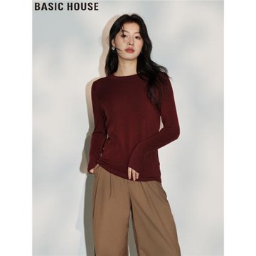 Basic House/百家好紅色圓領打底衫修身內搭長袖T恤女裝2025秋冬