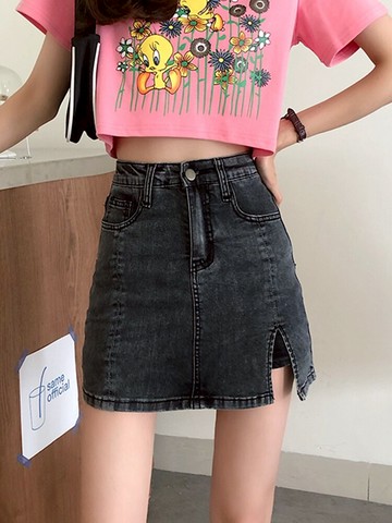 牛仔短裙開叉包臀半身裙港味復古新款女夏季夏季裙子潮ins風