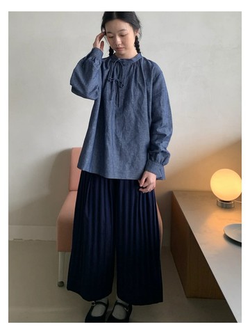 水洗亞麻牛仔色綁帶寬松套頭襯衫上衣