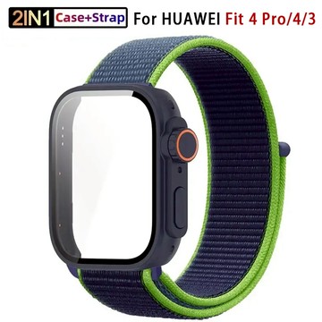 適用於華為 Watch Fit 4/4 pro 錶帶的尼龍環 + 玻璃屏幕保護套適用於華為 Fit 3 保護套的運動手鍊