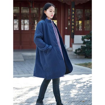 有間出品棉麻棉衣女立領長袖長款棉服唐裝中長棉襖冬外套加厚柔軟