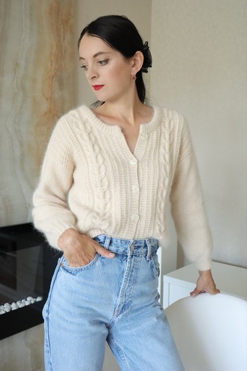 安哥拉羊毛開襟衫 紐扣絞花毛衣 針織襯衫 圓領夾克