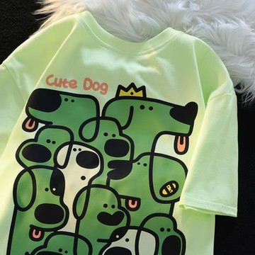 日系街頭卡通狗狗印花短袖T恤女夏季復古學院風休閑情侶體恤上衣