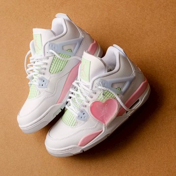 胖達）NIKE GS AIR JORDAN 4 情人節 復古籃球鞋 IB7068-100 粉綠 女
