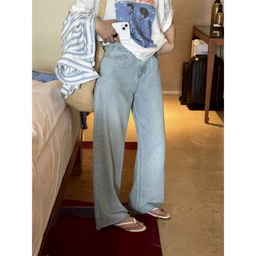 【太妮絲LE124】現貨 下擺抽鬚淺藍色牛仔寬褲 慵懶風 高腰淺藍色牛仔長褲 春夏新款 直筒休閒褲 THE LIMON