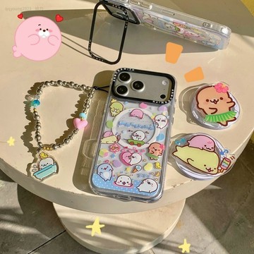 卡通豆芝麻海豹適用iPhone17ProMax手機殼蘋果16磁吸支架15Pro鑄甲師13/14鏡頭支架11/12保護套