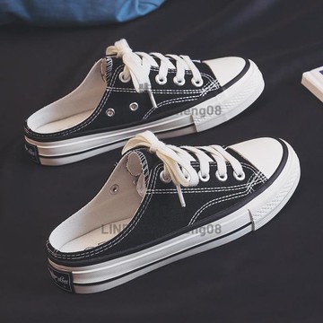 半拖帆布鞋女無后跟一腳蹬夏款懶人鞋夏季新款學生百搭板鞋【步行者戶外生活館】