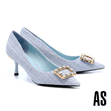 高跟鞋 AS 奢華高雅珍珠方釦毛呢尖頭高跟鞋－藍
