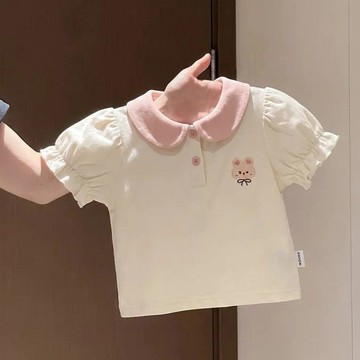 Mini baby🌷夏季卡通女孩兒童裝寶寶可愛拼接翻領短袖T恤polo衫上衣