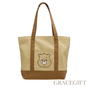 【Grace Gift】CareBears-溫柔小熊撞色口袋肩背帆布旅行袋 淺駝
