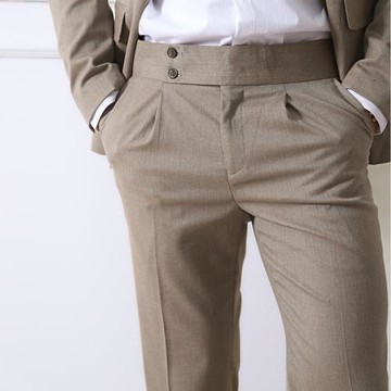 THEMASEE男裝韓版卡其色直筒垂感百搭通勤男士修身卷邊休閑西褲