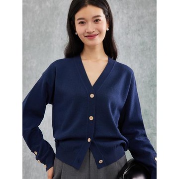 之華 100%純羊毛針織開衫氣質百搭v領毛衣外套春秋簡約通勤上衣女