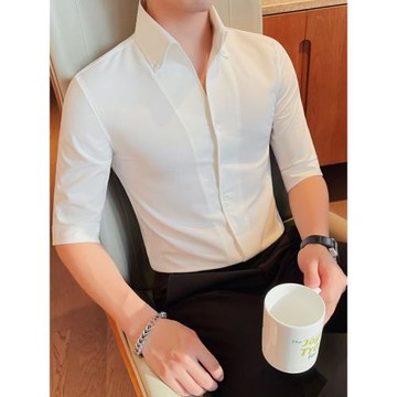 (免運)七分袖襯衫男短袖夏季冰絲修身休閑痞帥氣高級感V領五分中袖襯衣