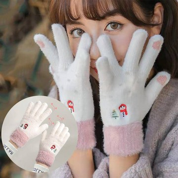 手套 H114 愛溫暖可愛雪人 仿貂毛保暖手套 女針織 毛絨 觸屏冬季防寒手套