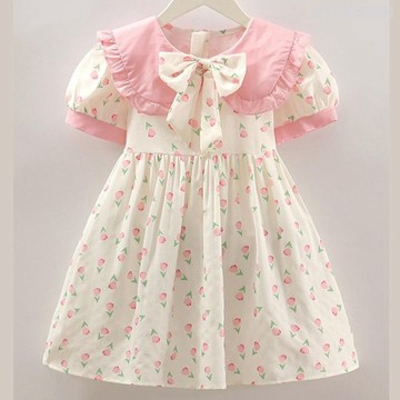 110-150碼~ 夏裝新品女童蝴蝶結娃娃領碎花连衣裙 女童公主裙 女童短袖中長裙 女童碎花裙 女童洋裝 兒童碎花連衣裙