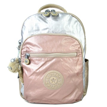 Kipling Seoul Go 金屬感粉金色防潑水拉鍊後背包(粉金/銀)