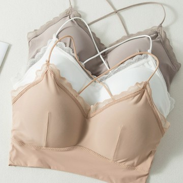 【Fee隔日到貨3色】冰絲蕾絲美背小可愛BRA TOP🌸小可愛 涼感背心 細肩帶背心 秋冬上衣 胸墊上衣 短版背心