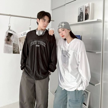 ATSTYLE NEW YORK V領球衣 長袖球衣 情侶衣 男女皆可穿 中性上衣 白 粉 深藍 黑 98216