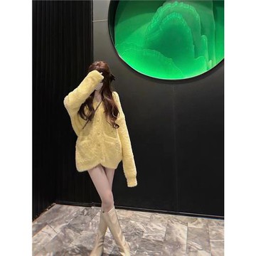 溫柔純欲奶黃色毛茸茸毛衣外套寬松慵懶甜美仿水貂絨毛毛針織開衫