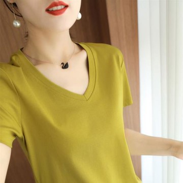 (免運)絲光棉短袖t恤女夏季2025新款韓版薄款寬松顯瘦百搭V領打底衫上衣