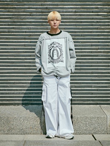 Printed Shirring Cotton Oversized Sweatshirt