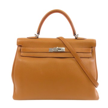 【二手名牌BRAND OFF】HERMES 愛馬仕 金棕色 橘色 Togo皮革 Kelly 35 Verso 凱莉包 兩用包 銀扣 □N刻