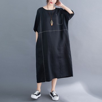 [米蘭精品] 連身裙短袖洋裝-圓領棉麻假口袋休閒女裙子73xz9