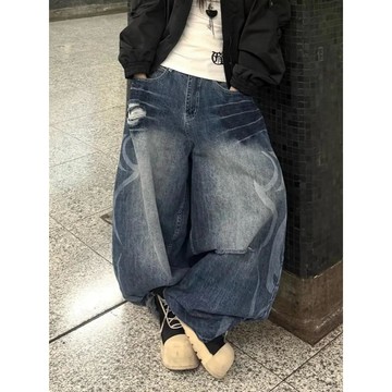 【SEMPLICITA】 美式復古 破壞圖騰落地褲 質感 落地寬褲 牛仔褲 寬大版型 高級 男女款 百搭 休閒長褲