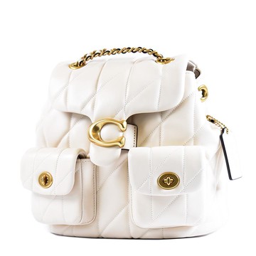 COACH 專櫃款 TABBY 絎縫菱格紋翻蓋束口斜背後背二用包-白色