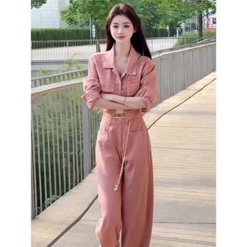 粉色燙鉆時尚套裝女秋冬新款POLO領牛仔短款外套+高腰長褲兩件套