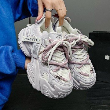 2025春季新款厚底老爹鞋女鞋網面透氣休閑運動鞋百搭增高系帶單鞋