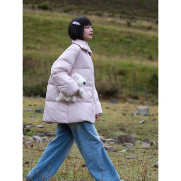 清倉特價針織領粉色羽絨服女冬季寬松軟糯面包服外套90白鴨絨中長