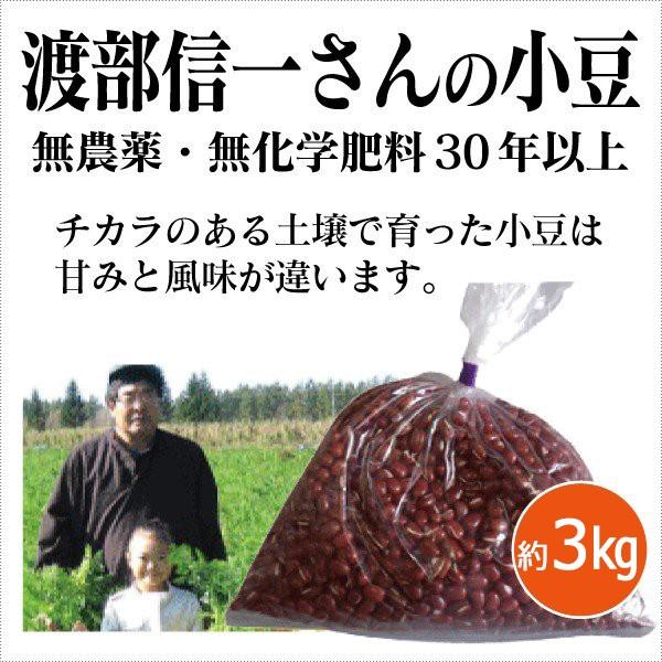 北海道産 無農薬小豆 渡部信一さんの小豆（約1kg×3袋） 無農薬・無化学肥料栽培30年の美味しい小豆  渡部さんは化学薬品とは無縁の生産者