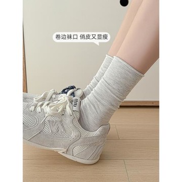 灰色無骨襪子女中筒襪春秋季款純色ins潮卷邊透氣韓系長襪堆堆襪